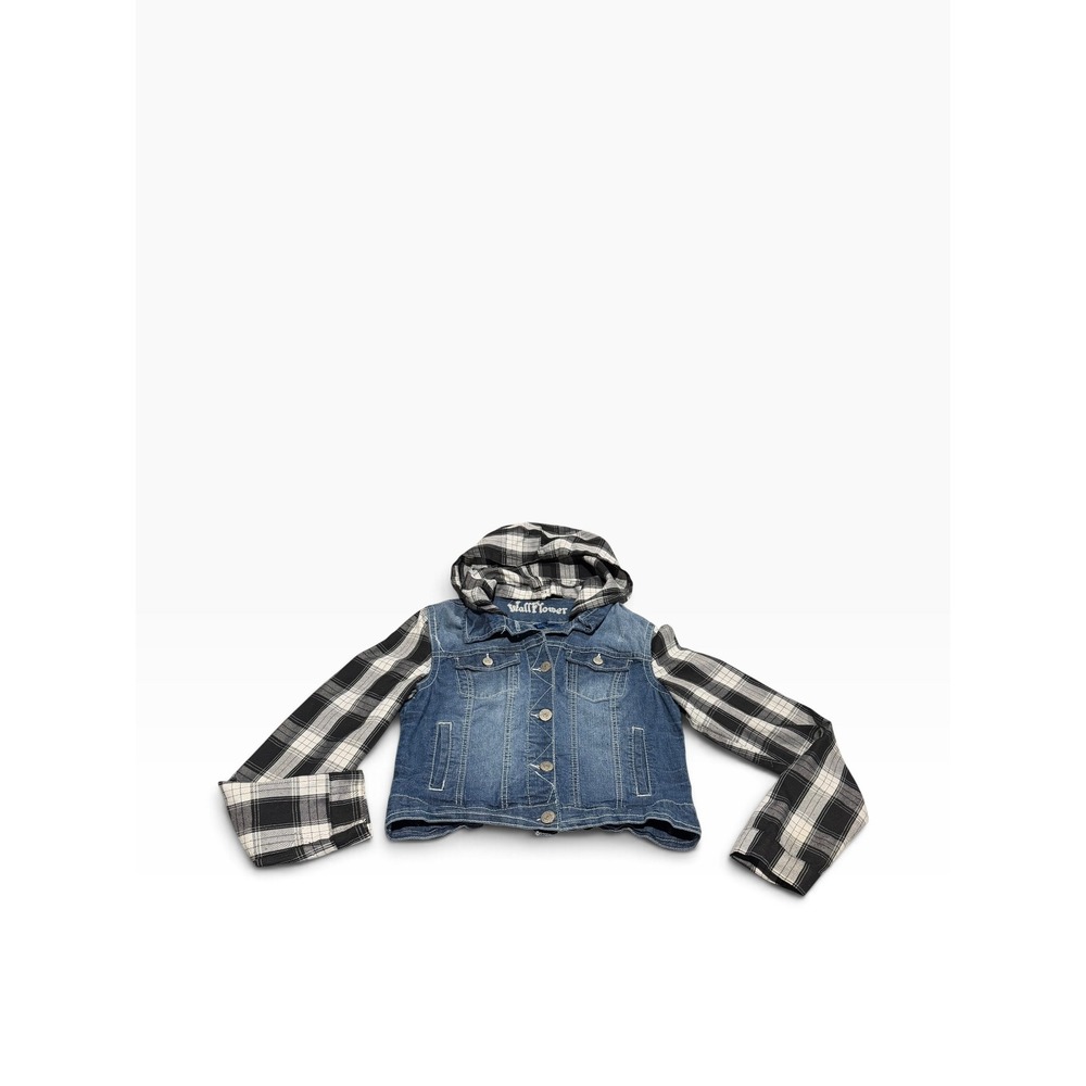 WallFlower Denim Jacket Plaid Sleeves Hooded Blue Black White Large